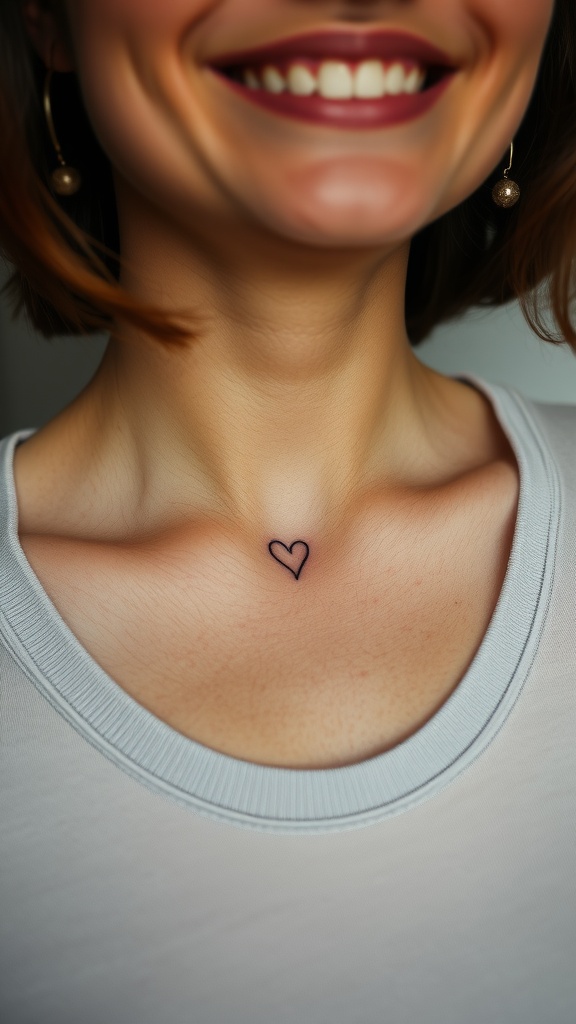 A close-up of a woman smiling, showing a tiny heart tattoo on her collarbone.