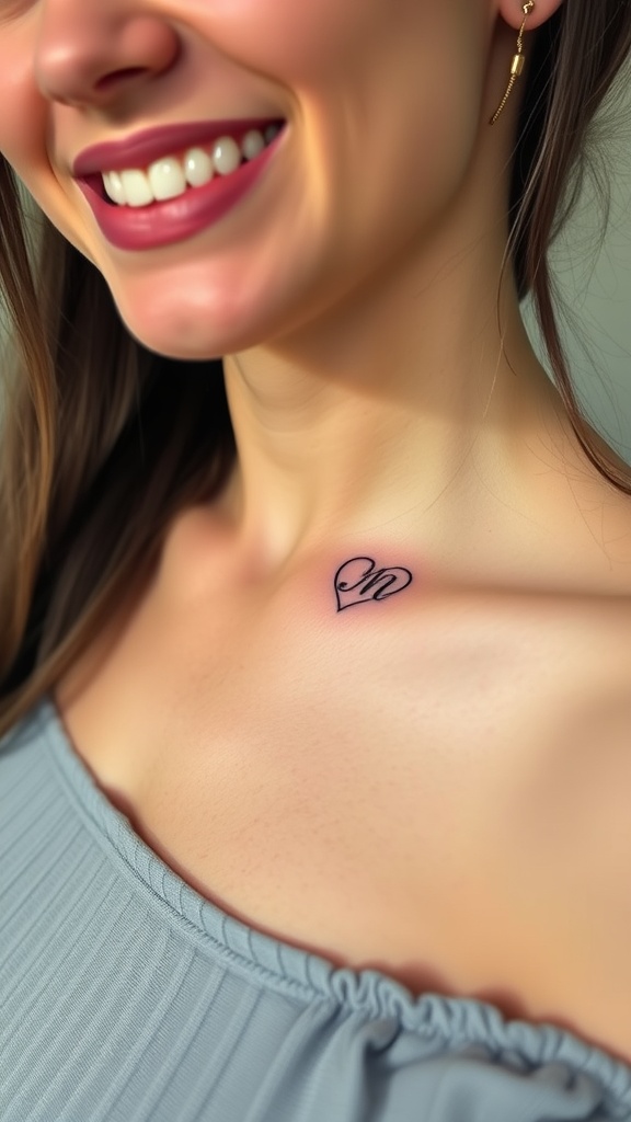 A close-up of a tiny heart tattoo with an initial on a woman's collarbone.