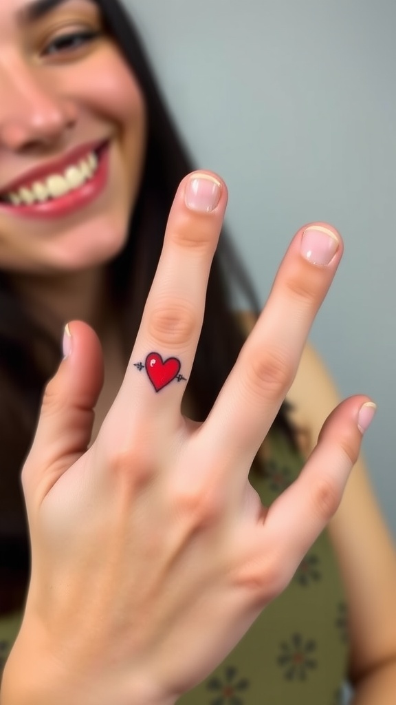 A person showing a tiny red heart tattoo on their finger with a smile