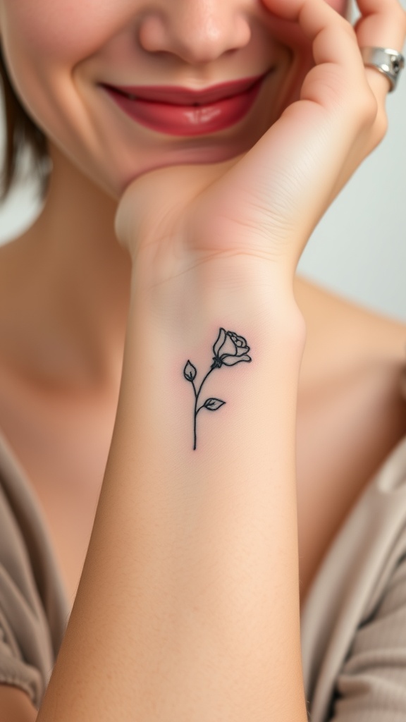 A close-up view of a tiny rose tattoo on a woman's wrist, with her smiling face in the background.