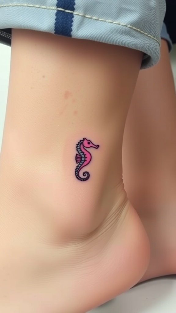 A small, minimalist seahorse tattoo in pink and black ink located above an ankle.