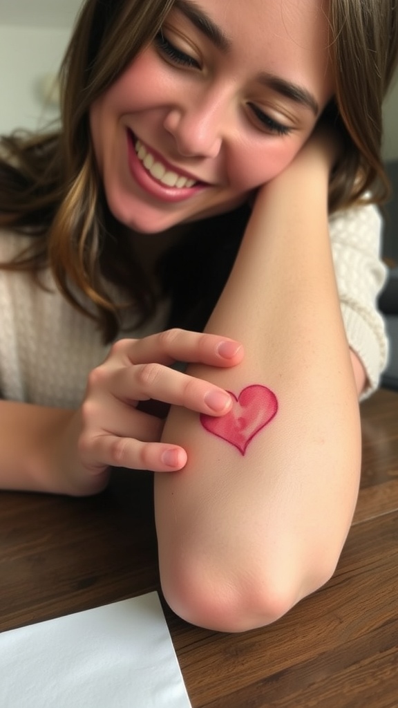 A person smiling while touching a tiny watercolor heart tattoo on their arm.