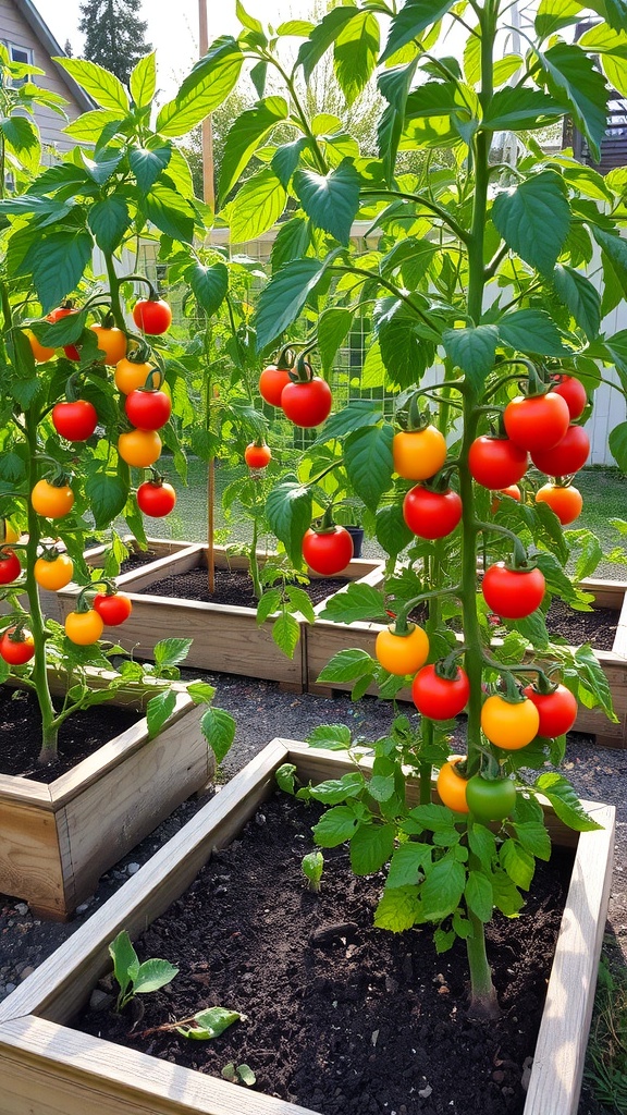 Vibrant tomato plants with red and yellow tomatoes in a backyard garden