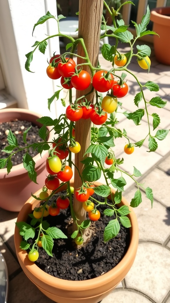 A vibrant tomato plant in a terracotta pot, with clusters of ripe red and yellow tomatoes.