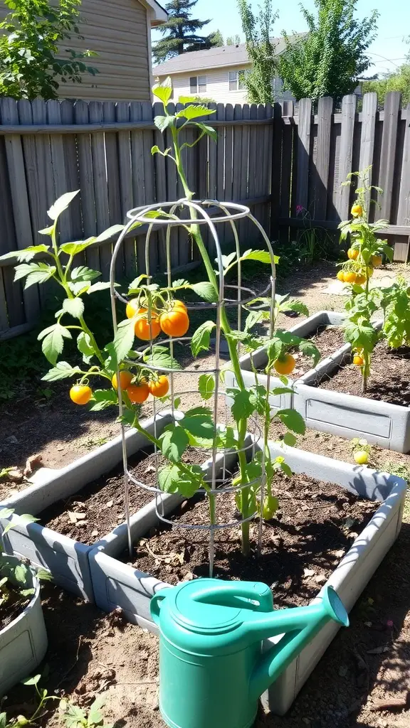 A garden bed with a tomato plant supported by a cage, showcasing ripe orange tomatoes and a green watering can