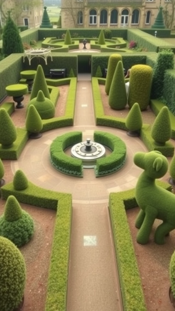 A beautifully designed topiary garden featuring sculpted shrubs, pathways, and a central fountain.