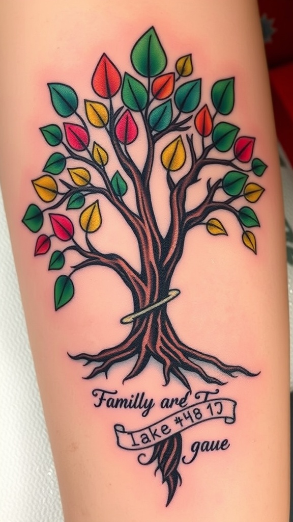 A detailed Tree of Life tattoo featuring colorful leaves on a person's upper arm and shoulder.