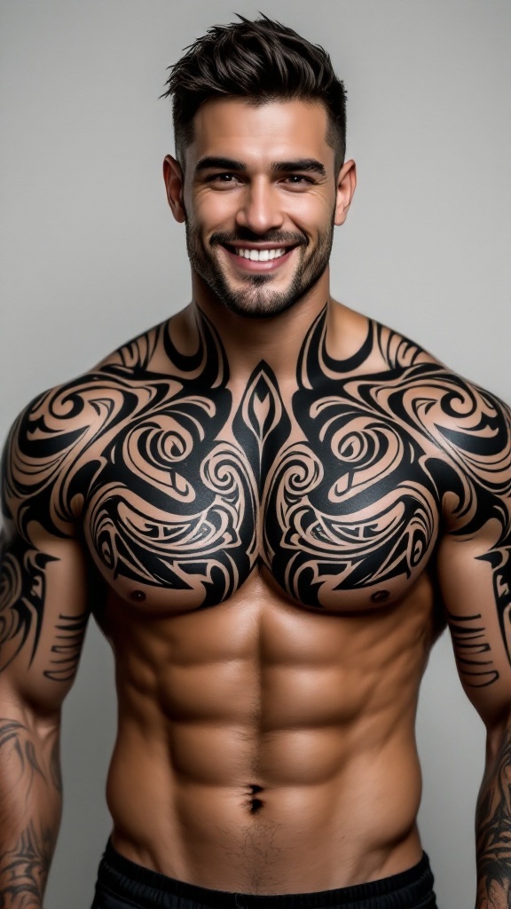 A man with a detailed tribal chest tattoo, showcasing intricate patterns.