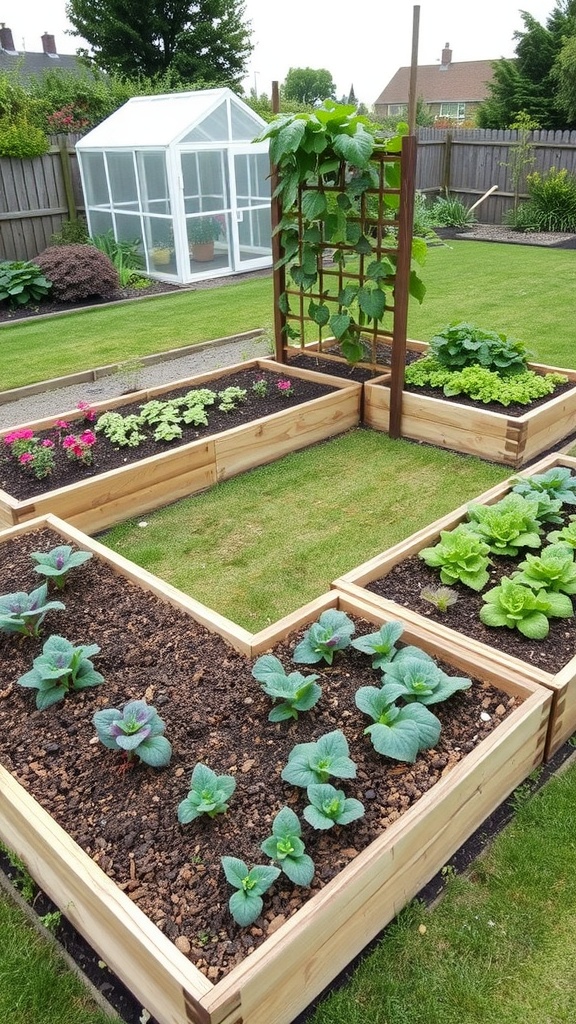 U-shaped raised bed garden with various plants and a trellis.