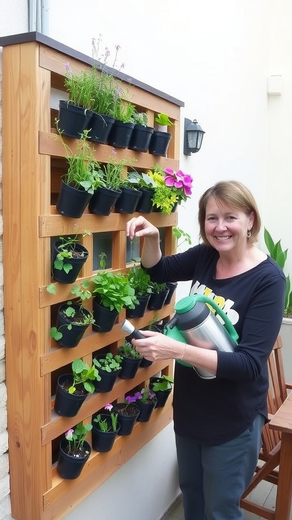 A woman watering plants in a vertical garden setup on a wooden pallet against a wall.