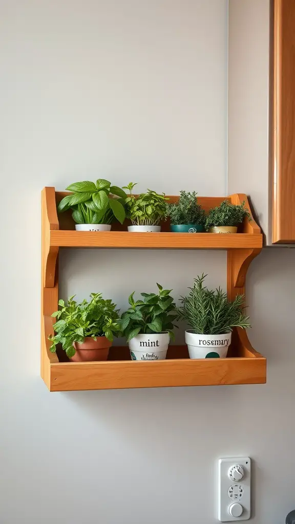 Vertical herb garden with various pots on a wooden shelf in a kitchen.