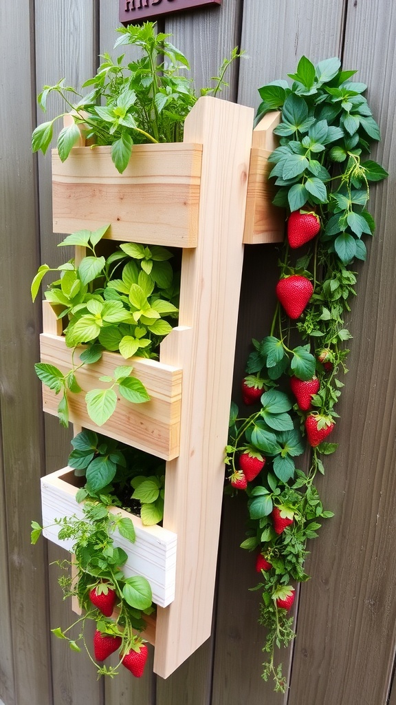 Vertical raised bed planter with strawberries and herbs