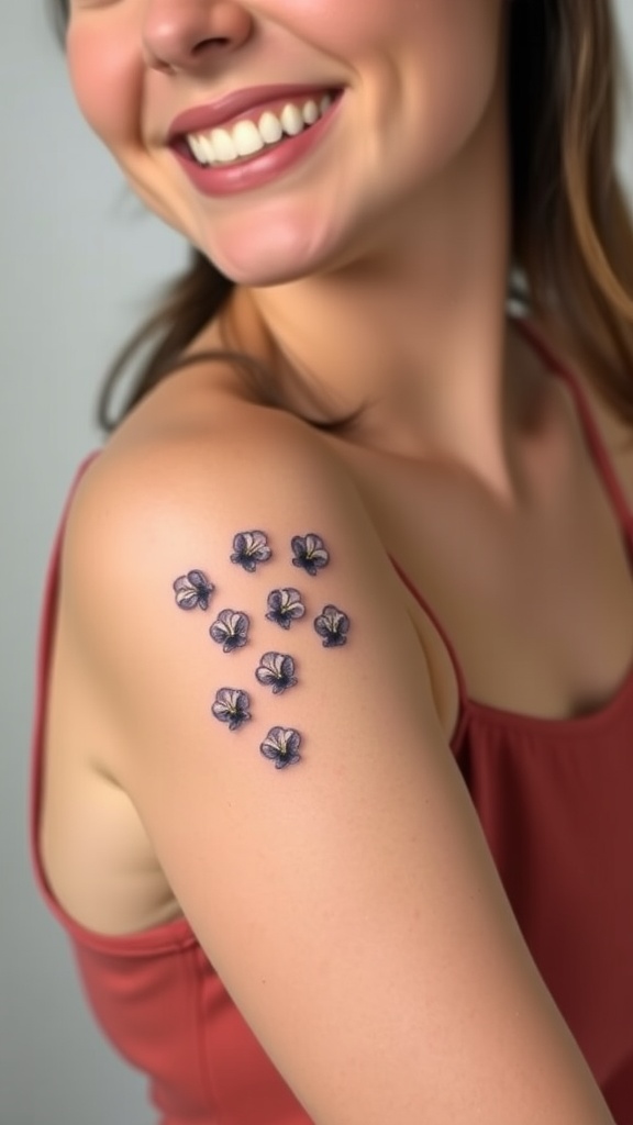 A close-up of a woman's upper arm showcasing a delicate violet tattoo, with a soft focus on her smiling face.