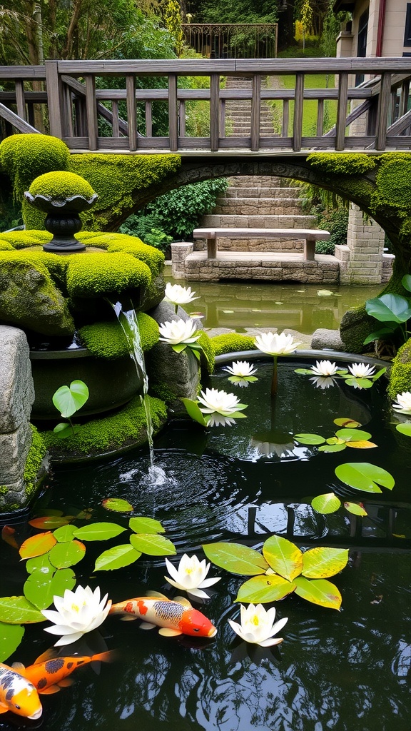 A serene garden scene featuring a small pond with koi fish, water lilies, and a wooden bridge.