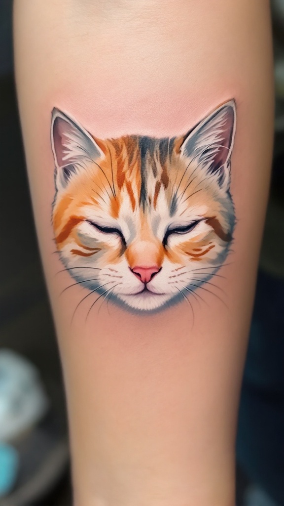 A colorful watercolor portrait of a cat's face tattooed on a person's forearm.