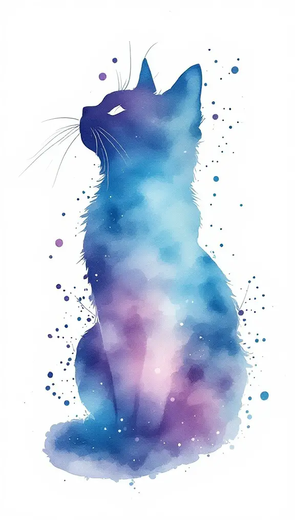 Watercolor cat silhouette tattoo in shades of blue and purple