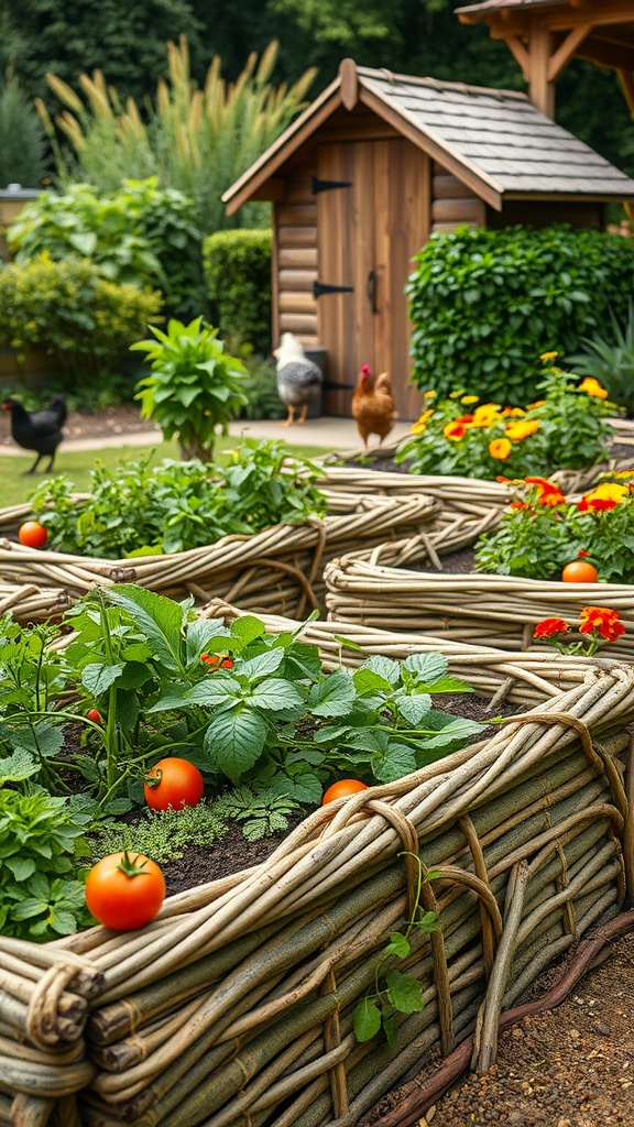 Wattle raised beds in a garden with tomatoes and flowers.