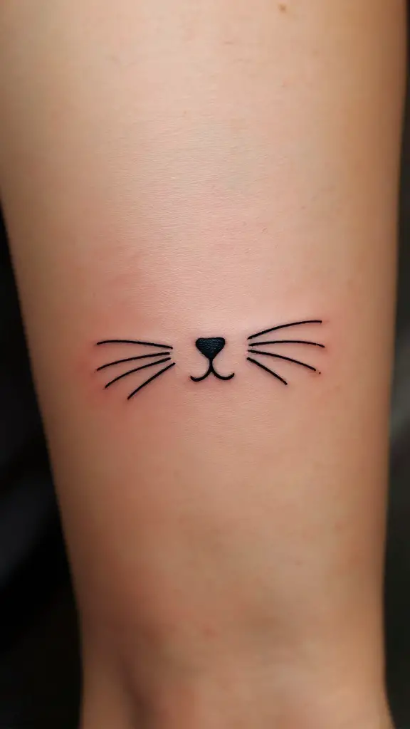 Simple black tattoo of a cat's whiskers and nose on a person's arm.