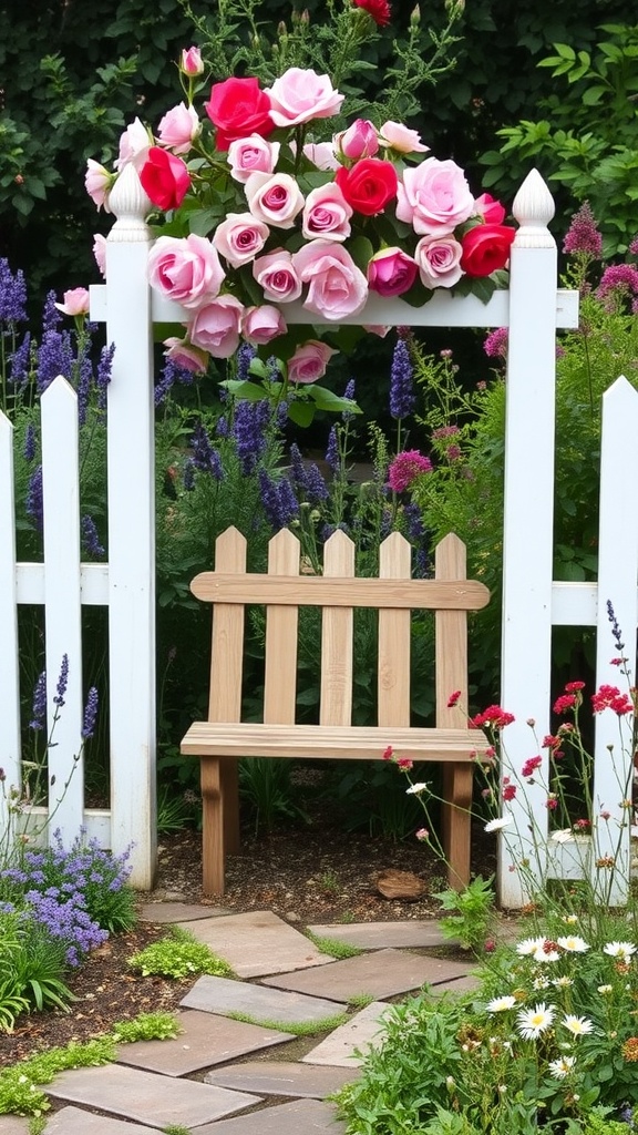 White picket fence adorned with climbing roses, surrounded by colorful flowers and a wooden bench