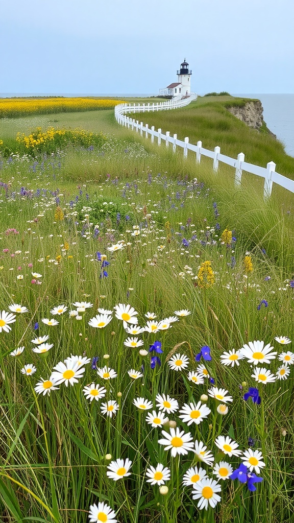 A wildflower meadow with daisies and blue flowers, leading to a lighthouse by the sea.