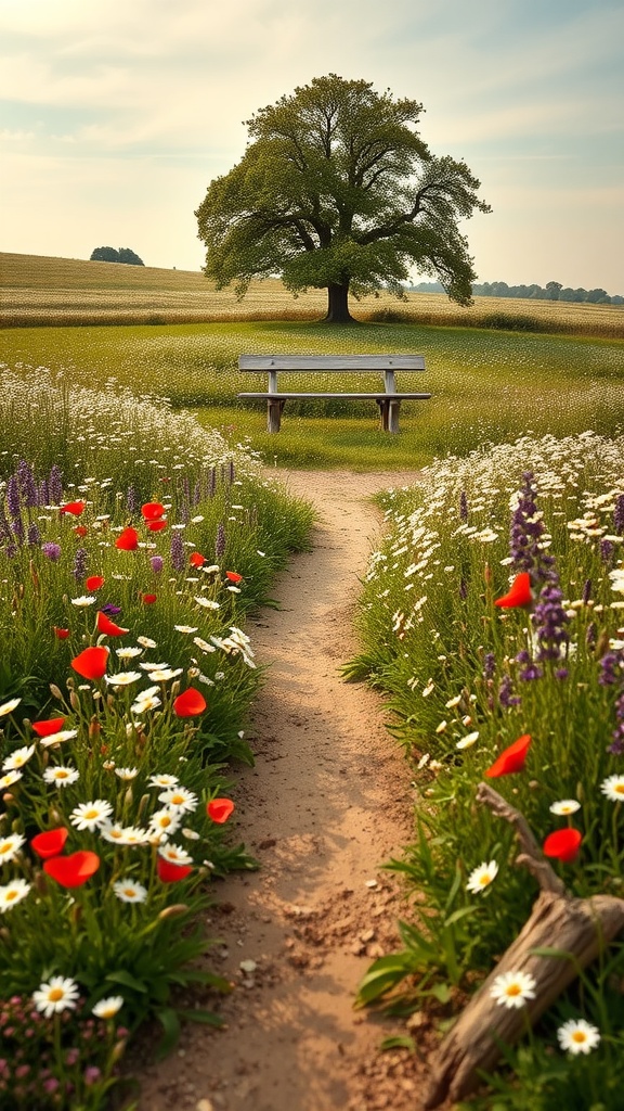 A peaceful pathway through a wildflower meadow garden with a bench under a large tree.