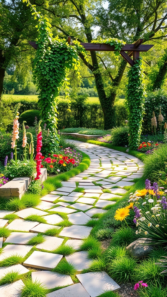 A winding stone pathway surrounded by colorful flowers and greenery, leading to a wooden arch with climbing vines.