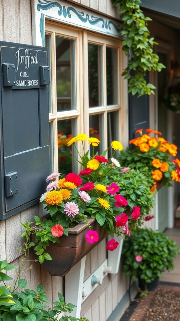 Colorful window box garden filled with flowers outside a cottage window.