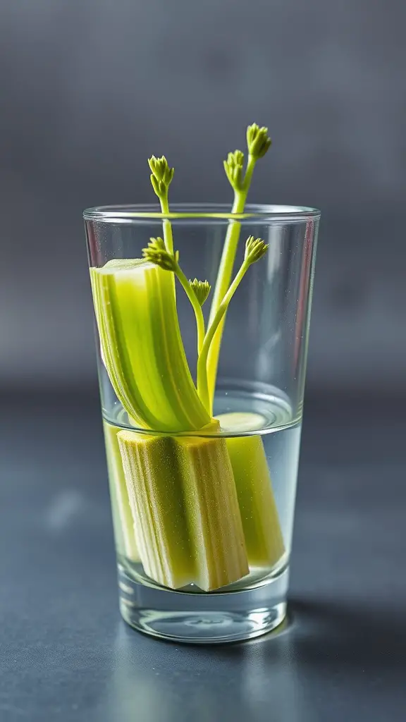 A glass of celery in water with green sprouts growing from the stalks.