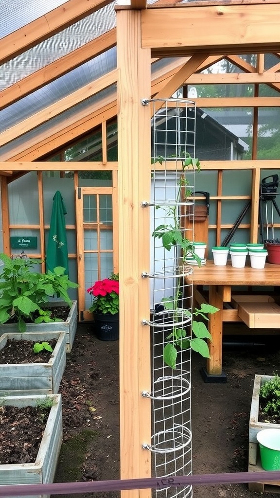 A wire mesh trellis supporting climbing plants in a greenhouse.