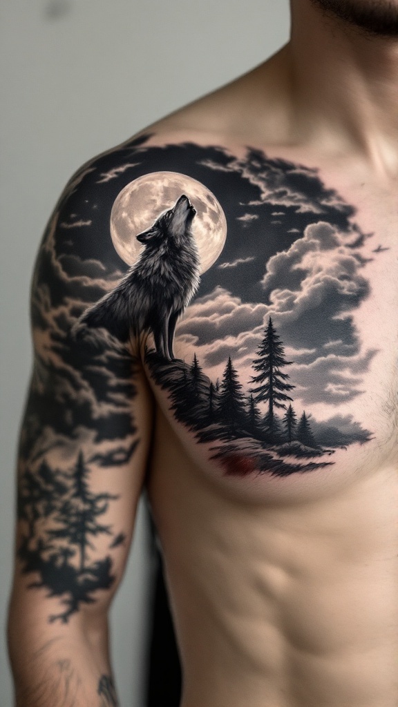 Tattoo of a wolf howling at the moon on a man's chest