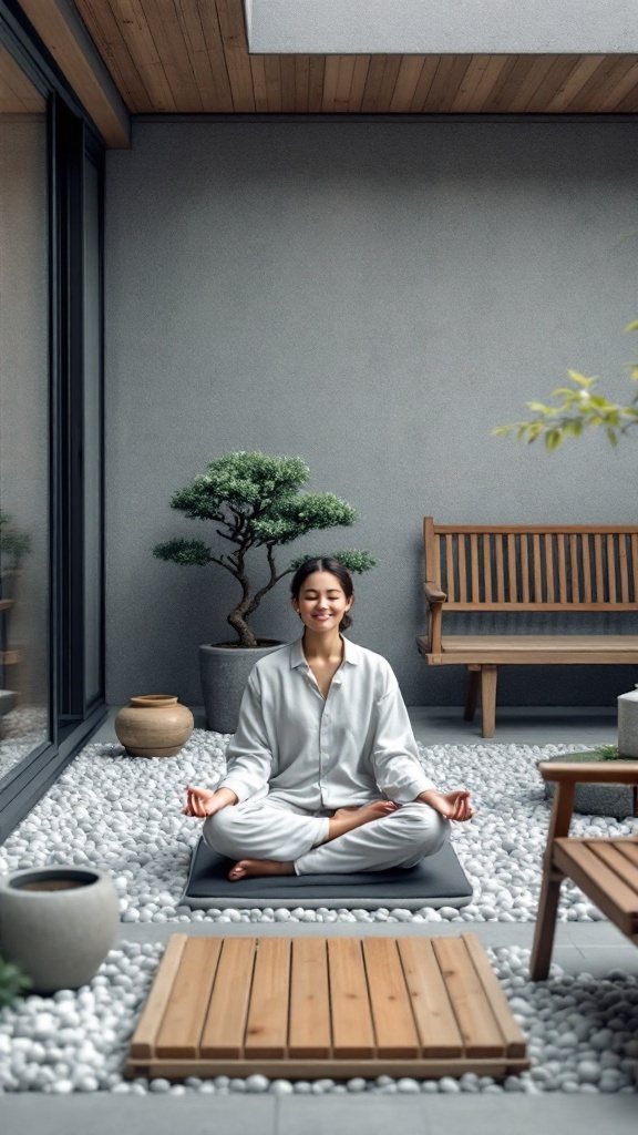 A serene balcony garden with a person meditating among pebbles and plants.