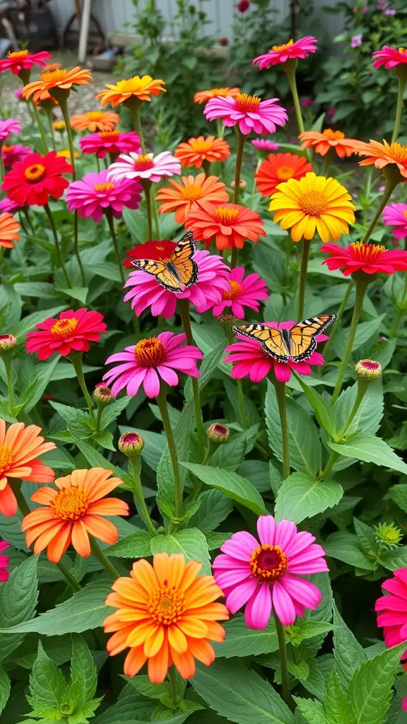 Colorful zinnias with butterflies in a garden