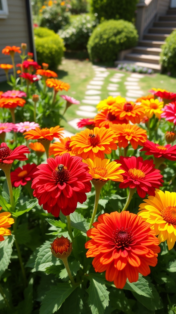 Colorful zinnias in a garden with a bee on one of the flowers.