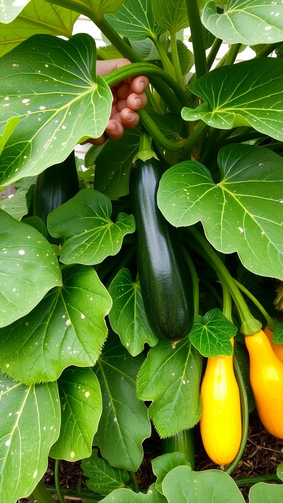 A hand reaching for zucchini among large green leaves in a garden.