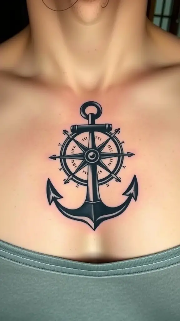 A tattoo featuring an anchor and compass design on a person's chest.