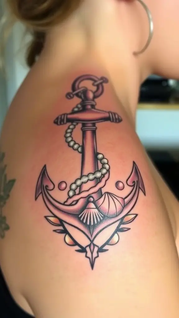 Anchor tattoo with shells and pearls on a shoulder