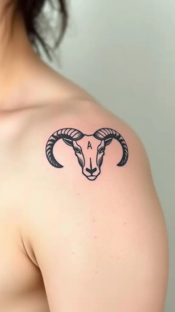 Minimalist tattoo of Aries ram horns on a person's shoulder