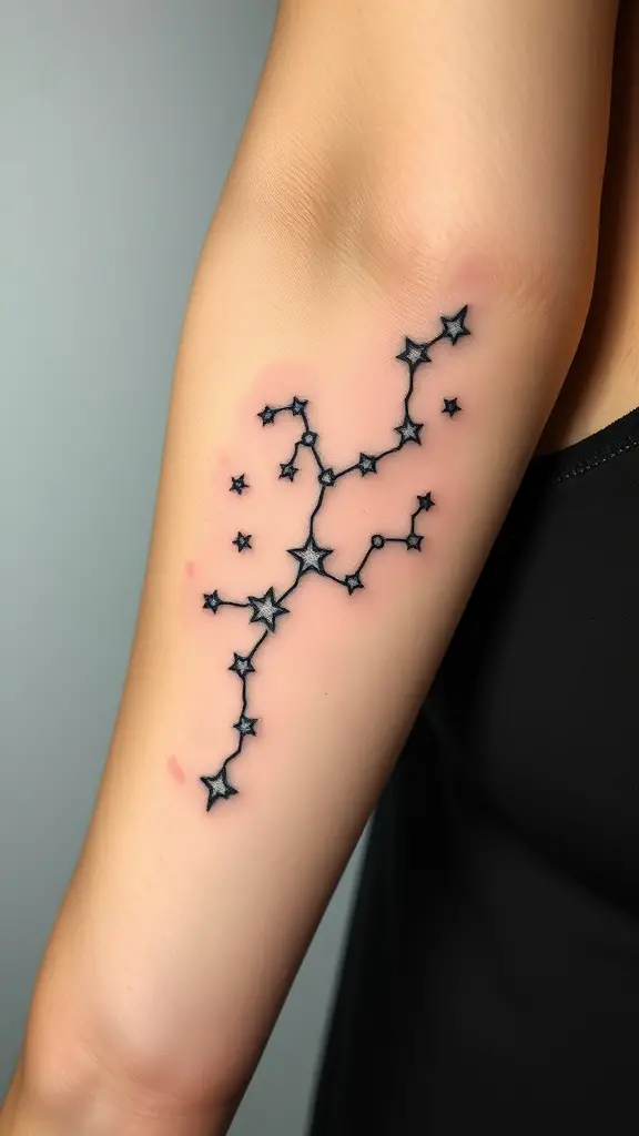 Tattoo of the Virgo constellation on the arm, featuring tiny stars connected by lines.