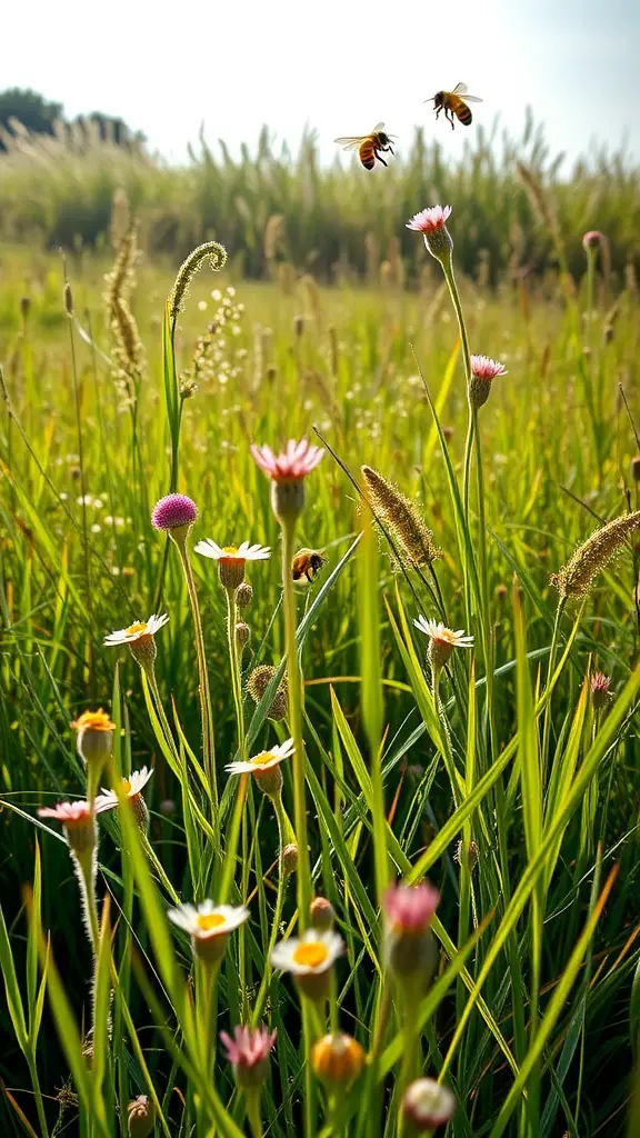 A vibrant wildflower patch with bees flying around.