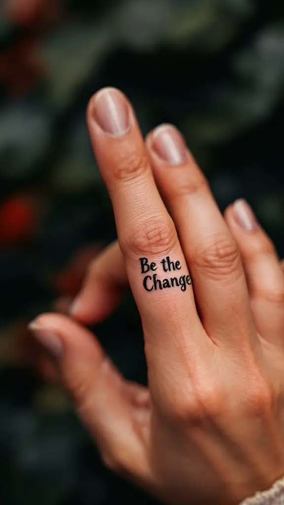 A hand showing a finger tattoo that reads 'Be the Change'.