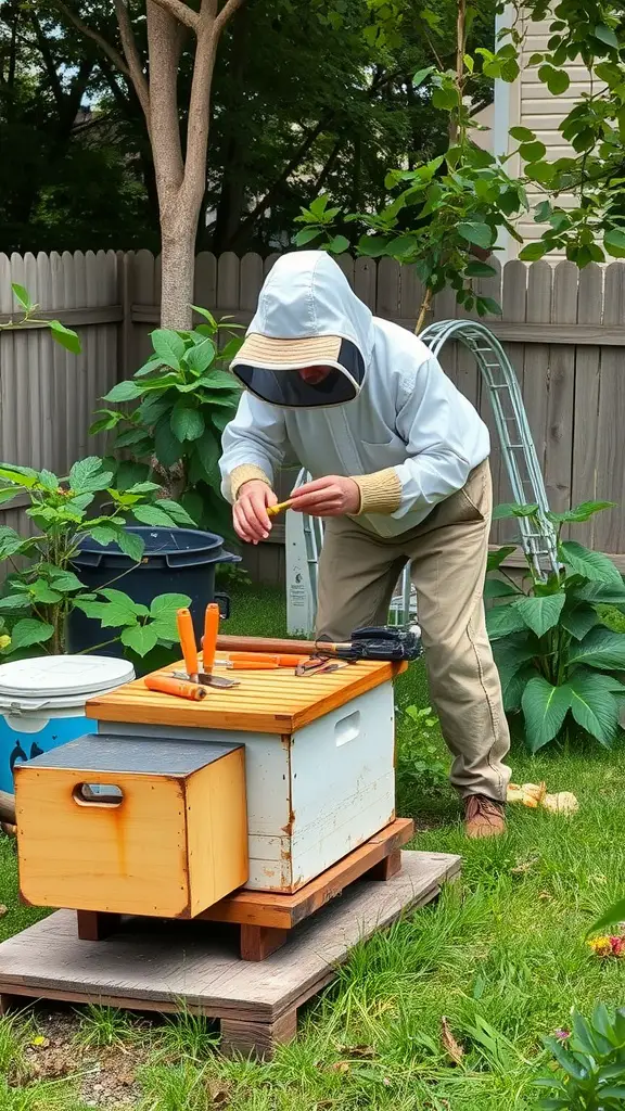 A person in protective gear tending to a beehive in a garden.