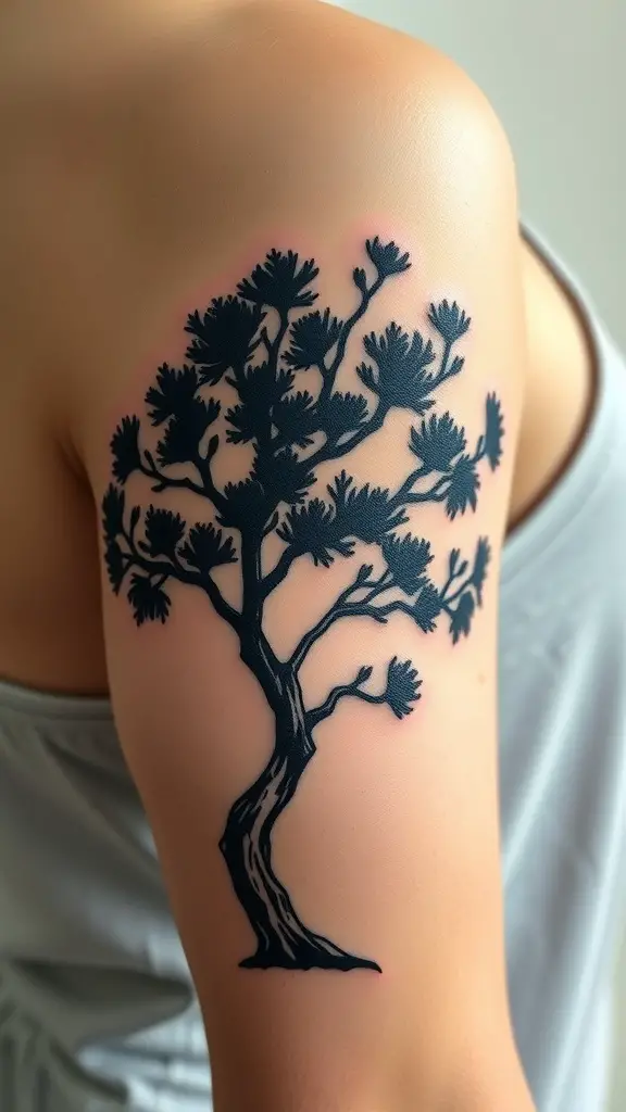 A bold juniper tree outline tattoo on a person's shoulder.