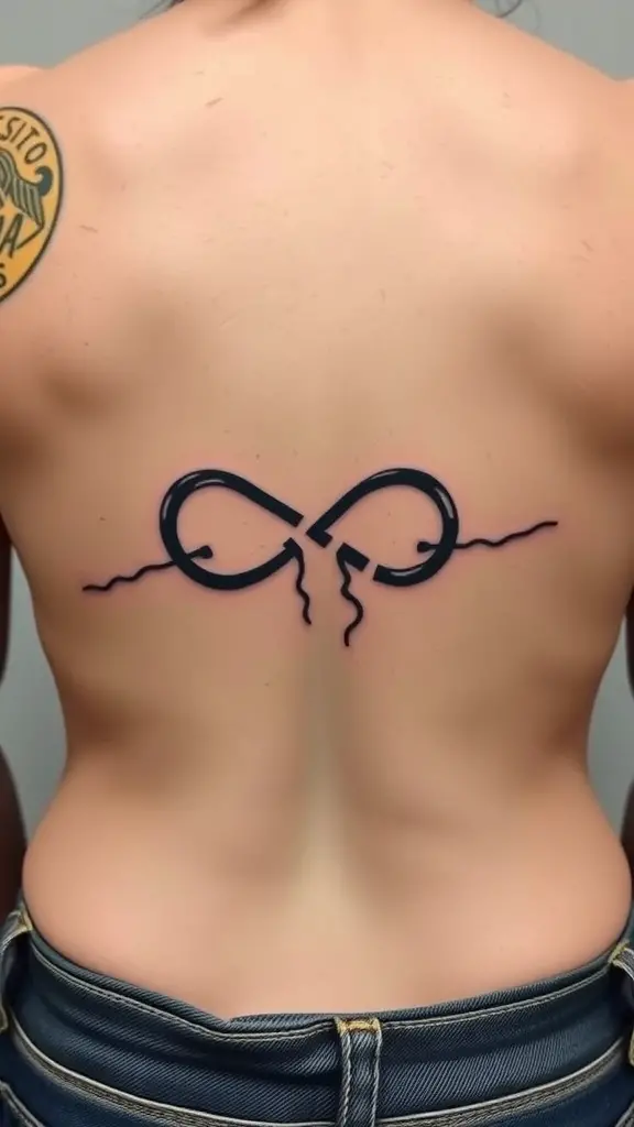 A broken infinity symbol tattoo on a person's back, showcasing a minimalistic design with lightning-like accents.