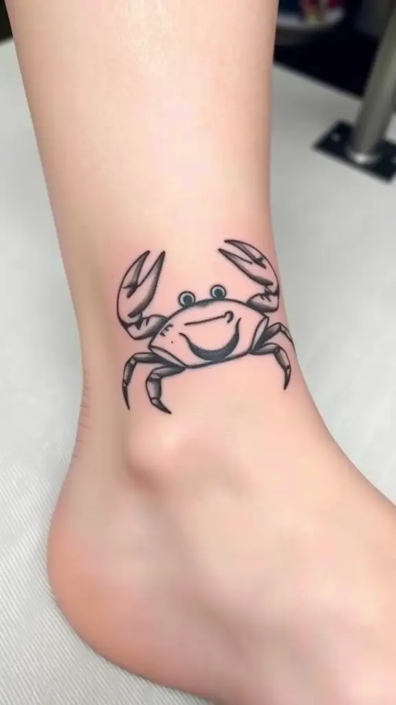 Minimalist outline tattoo of a smiling crab on an ankle