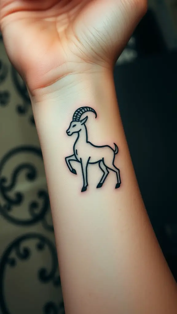 Minimalist outline tattoo of a goat representing the Capricorn zodiac sign on a forearm.