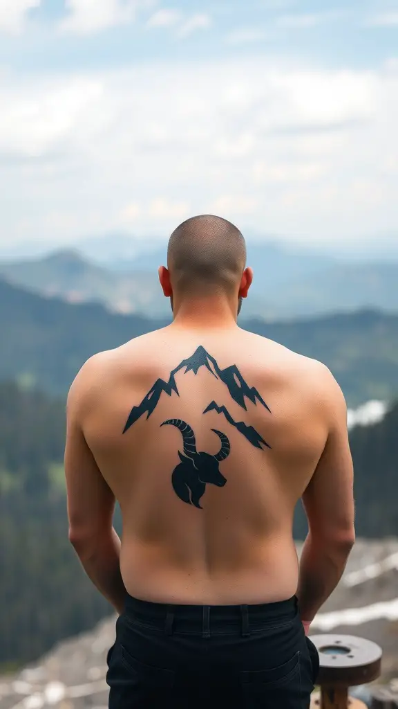 A back view of a person with a minimalist Capricorn mountain peak tattoo, featuring mountains and a goat silhouette.
