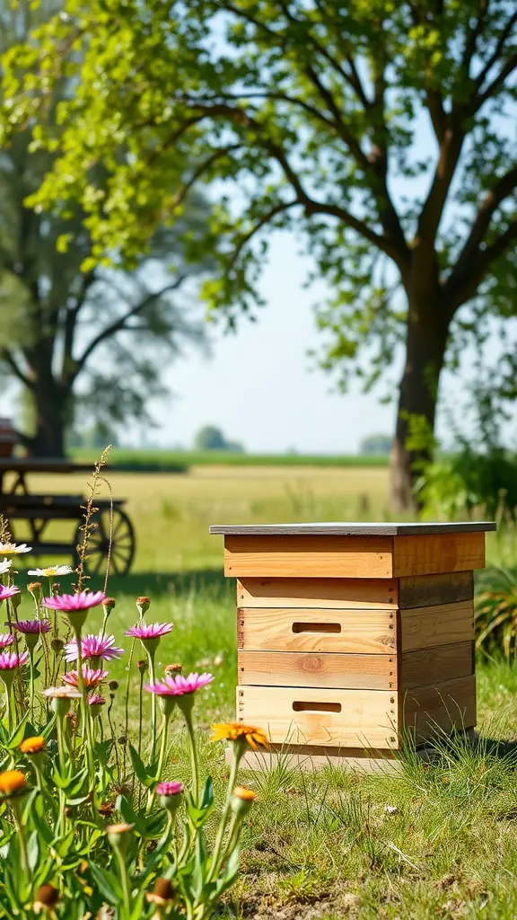 A beehive surrounded by colorful flowers in a sunny outdoor setting