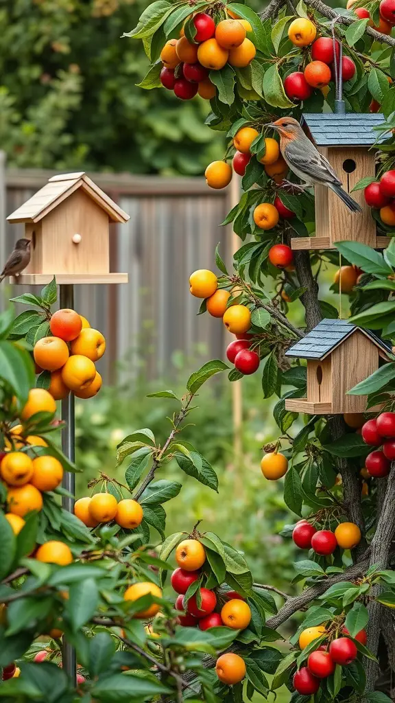 A vibrant garden filled with fruit trees and birdhouses, showcasing a bird-friendly environment.