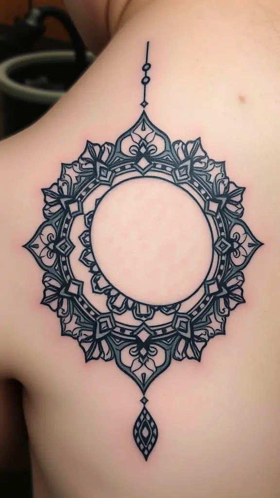 Crescent moon mandala tattoo design on a person's back.