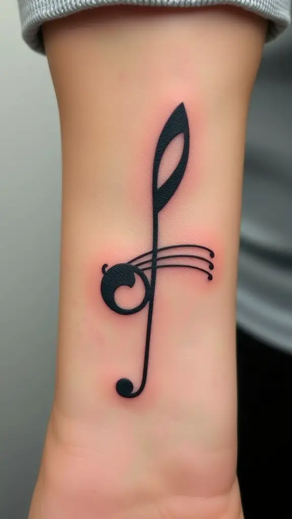 A close-up of a treble clef tattoo on a person's wrist.